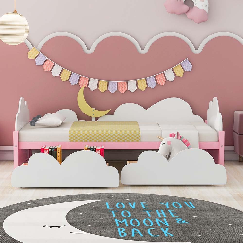 Anwick Marco de cama individual de madera para niños, marco de cama de plataforma individual con cabecero y cajones de almacenamiento, cama