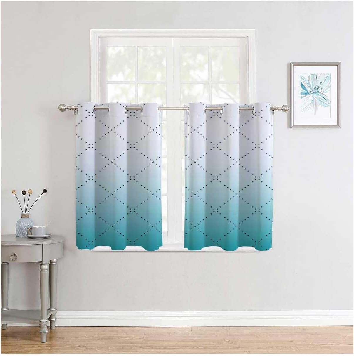 YANFENQI Cortinas para Habitacion White Cyan Gradient Geometric Checked Sliding Room Dividers Blackout Fabric 63Inch Width by 80Inch Length,2 Panels