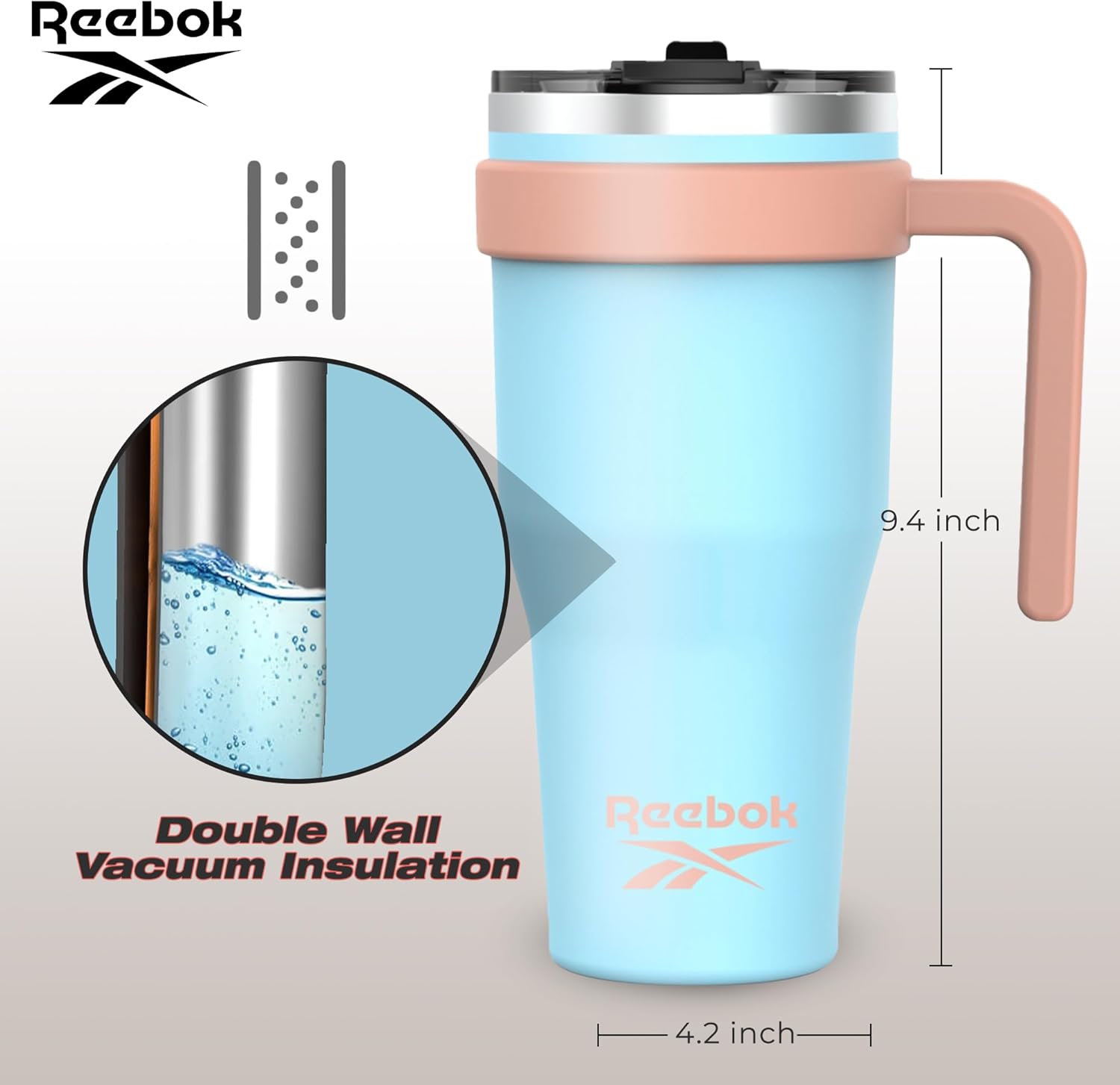 Reebok Vaso de acero inoxidable con asa, vaso de 40 onzas en dos tonos, vaso de doble pared aislado al vacío, vaso a prueba de fugas para hombres y