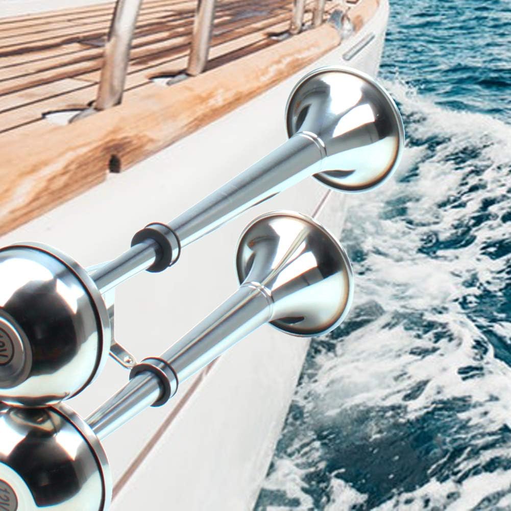 FARBIN Bocinas de barco marino de 24 V, trompeta doble de acero inoxidable, bocina eléctrica con soporte de montaje, para lanchas de carga de 24 V,