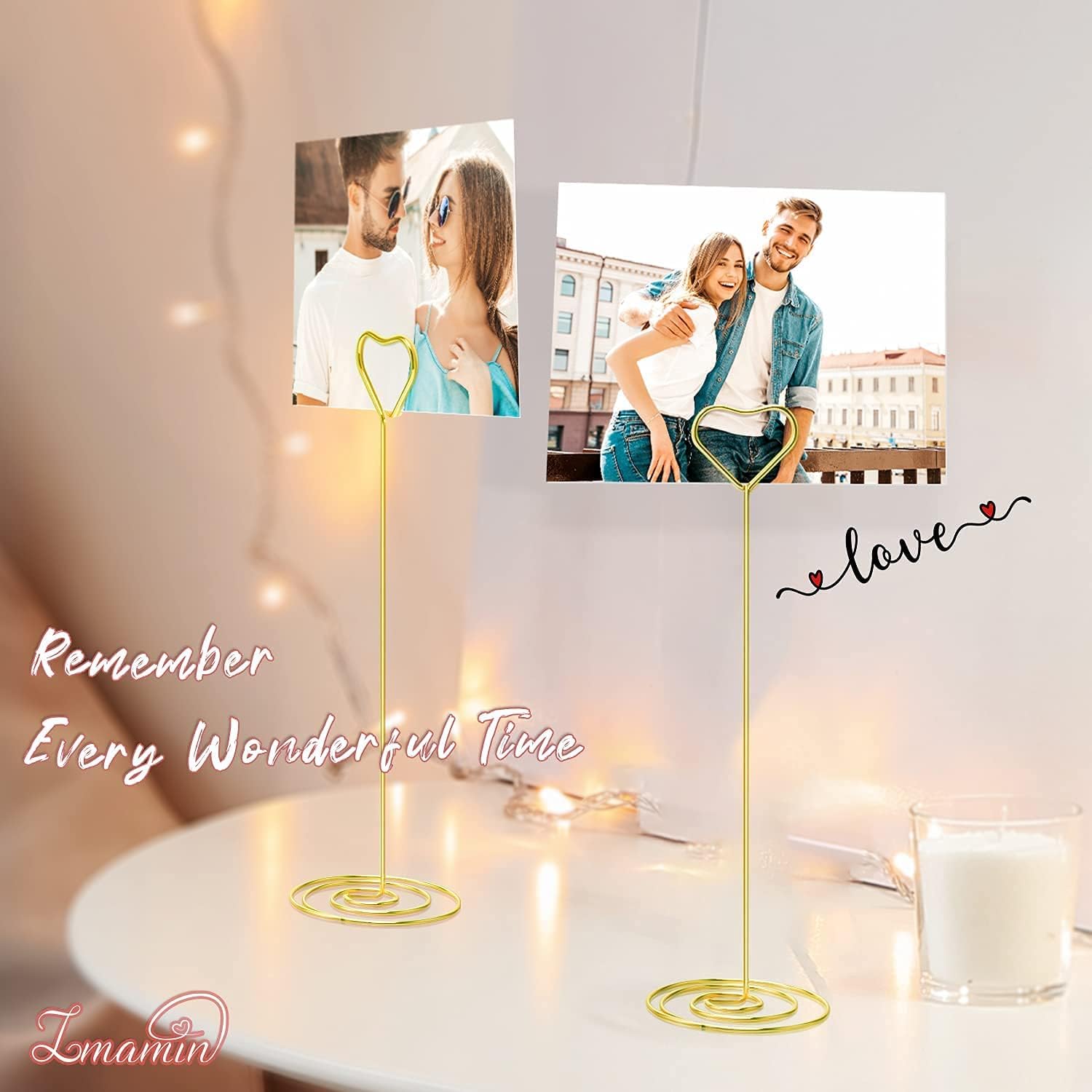 16 soportes para tarjetas de lugar, 8.75 pulgadas de alto, soporte de mesa dorado para mesas con clip en forma de corazón para bodas, fotos,