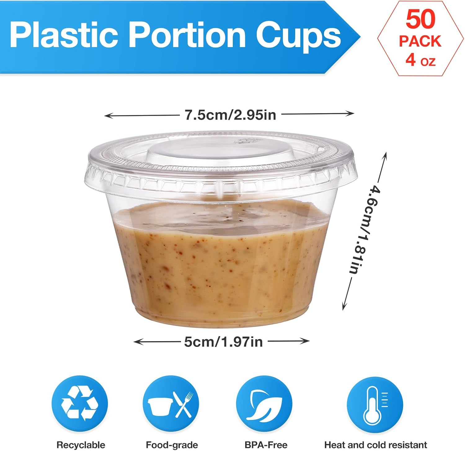 Juego de 50 vasos de gelatina de 4 onzas con tapas, tazas de plástico para porciones, tazas desechables para soufflé, tazas pequeñas de plástico