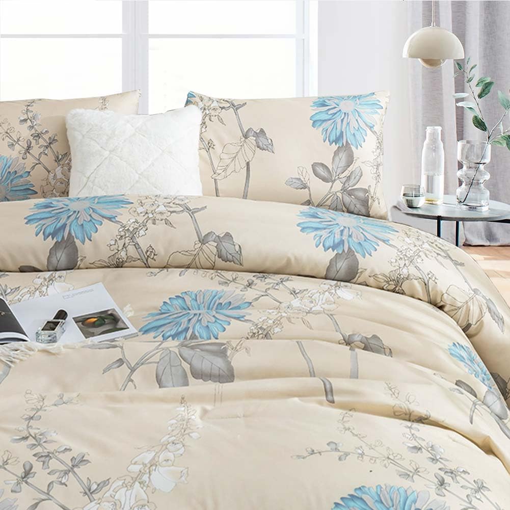 ETDIFFE Juego de edredón beige tamaño Queen, 3 piezas de ramas marrones y flores azules, juego de ropa de cama con estampado floral blanco roto,