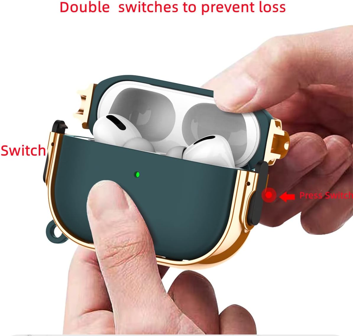 MiRUSI Funda para Airpods Pro de 2 generación con doble interruptor chapado en piel con mosquetón que absorbe los golpes (rojo)