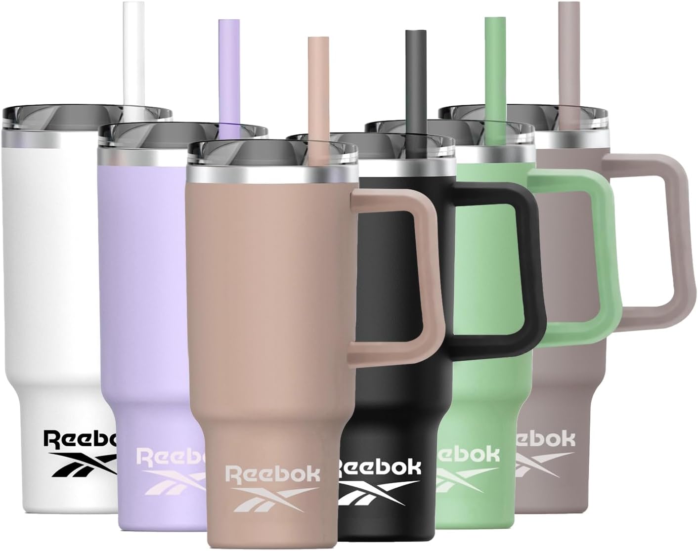 Reebok Vaso de acero inoxidable con diseño de estilo de vida, vaso de 40 onzas con asa, vaso de doble pared aislado al vacío, vaso a prueba de fugas