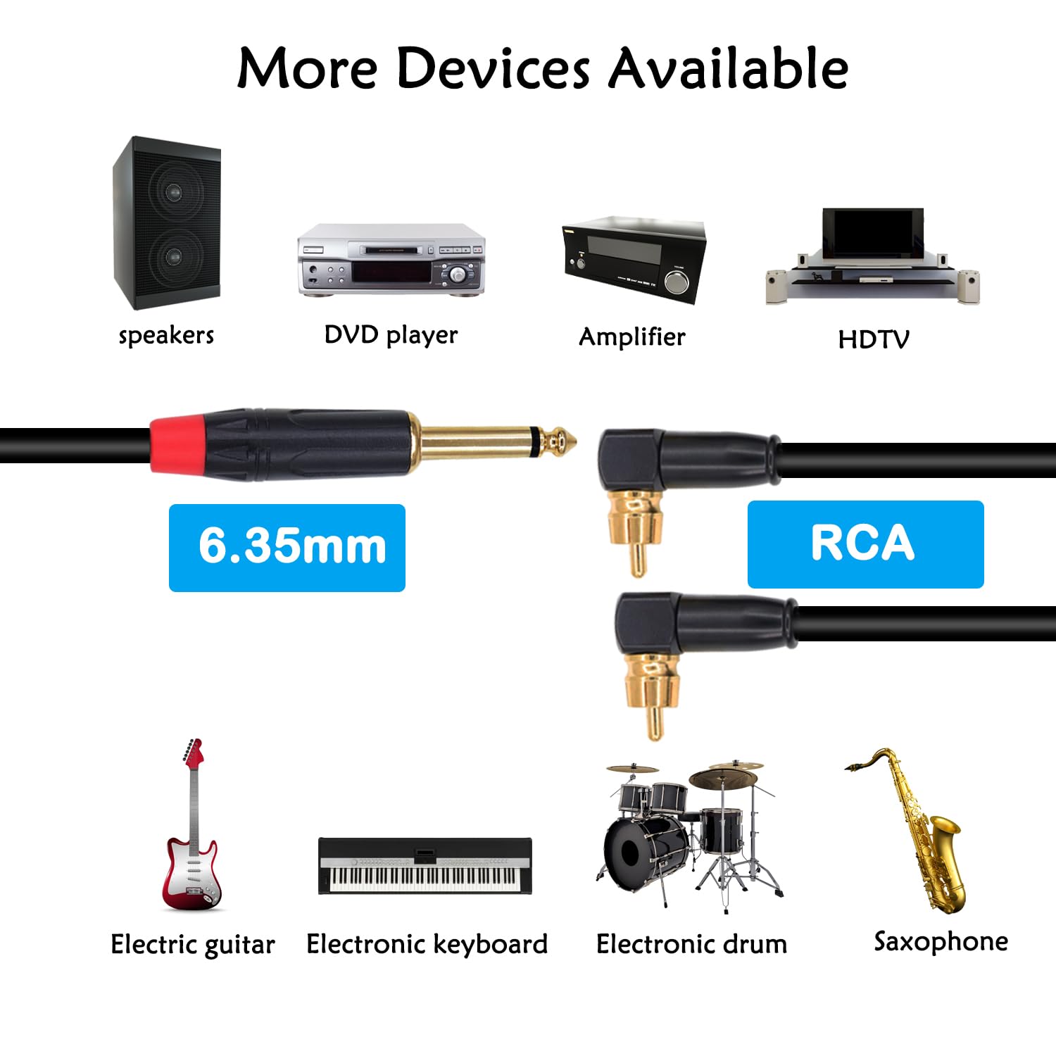 RIIEYOCA Cable de audio TS a RCA dual de 14 de pulgada, chapado en oro, conector TS macho de 0.250 in a ángulo recto 2 RCA Phono macho estéreo Y
