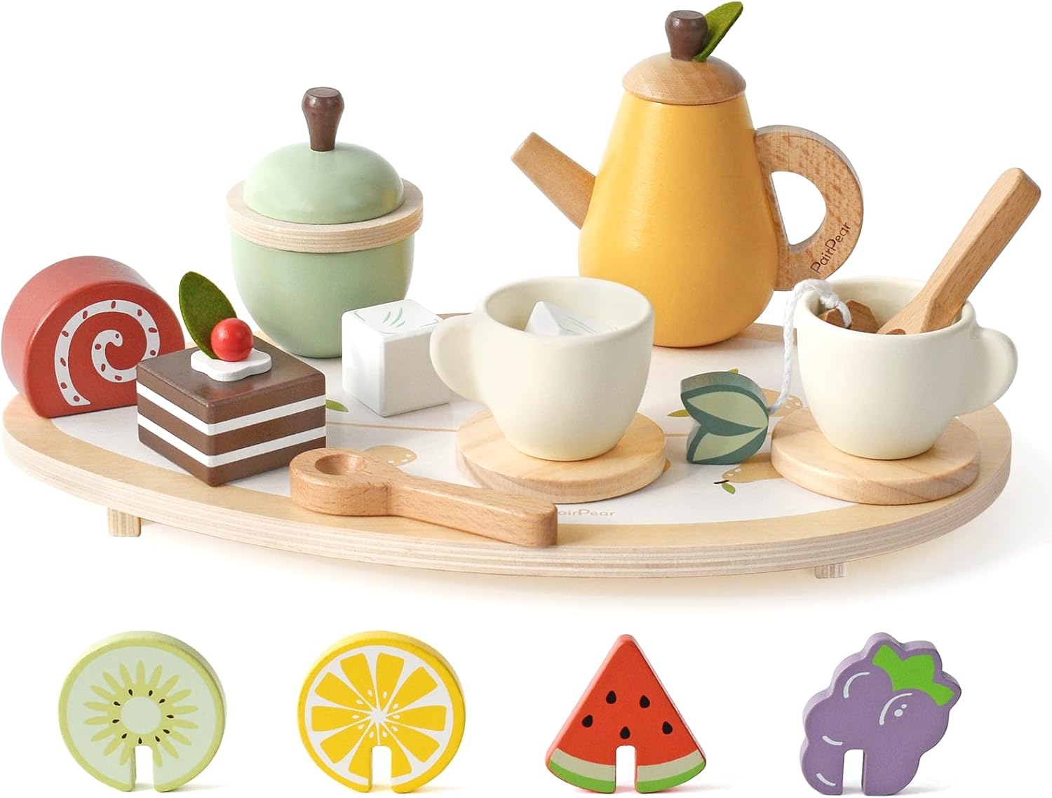 PairPear Juego de juguetes de madera para fiestas de té, juego de té para niñas pequeñas, accesorios de cocina para niños, juguetes de comida de