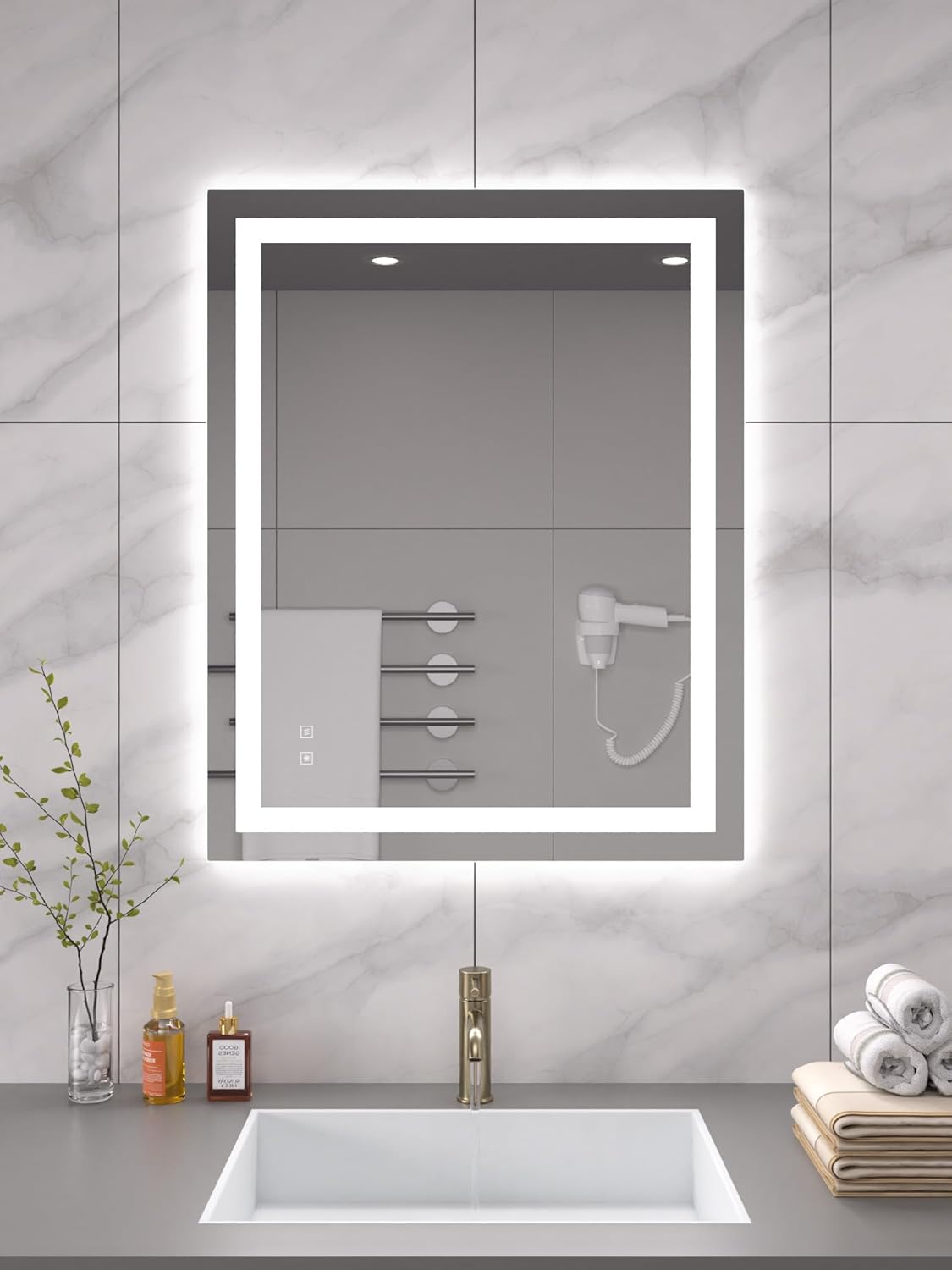 Espejo de baño LED, 28 pulgadas de largo x 20 pulgadas de ancho, varios tamaños opcionales, espejo de tocador con retroiluminación y luz frontal,