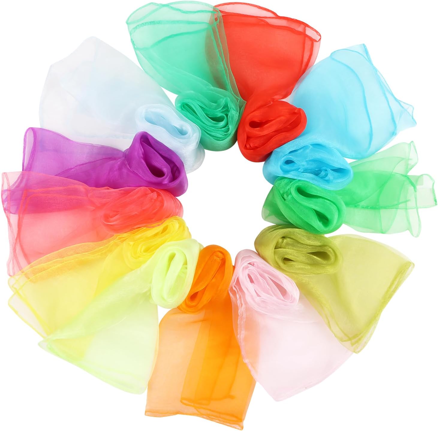 KIMOBER 12 bufandas cuadradas de baile, 12 colores malabares de seda, trucos de magia de música, accesorios para niños pequeños (24 x 24 pulgadas)