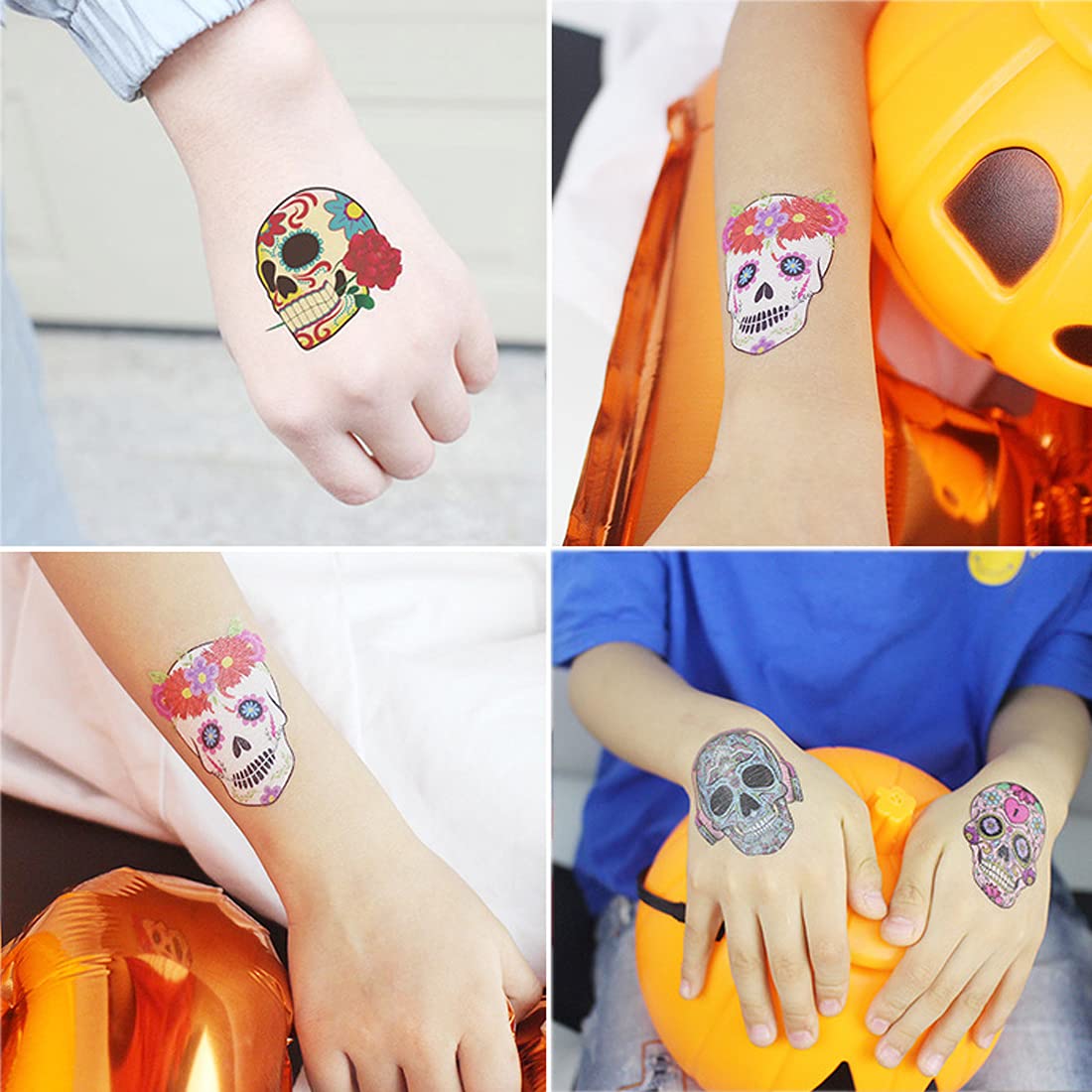 Ooopsiun Tatuajes del Día de los Muertos de Calavera de Azúcar para Niños  40 hojas de calcomanías de calavera de Halloween para niños y niñas,