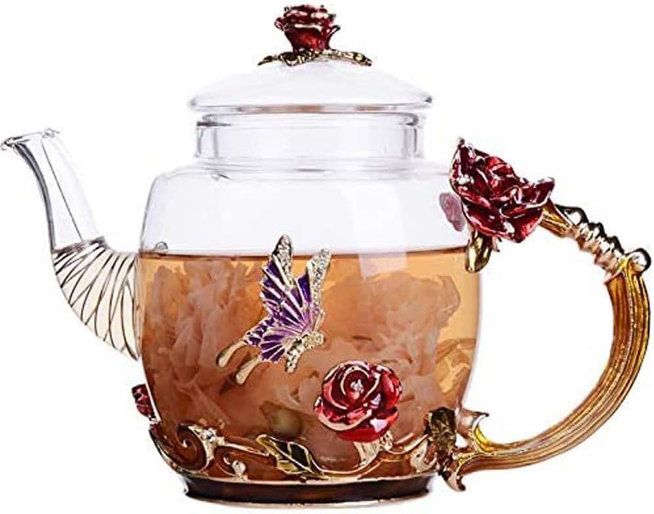 Tetera creativa de cristal de flores para té de Kung Fu, buen regalo para hermana, mamá, abuela, profesores (rosa roja)