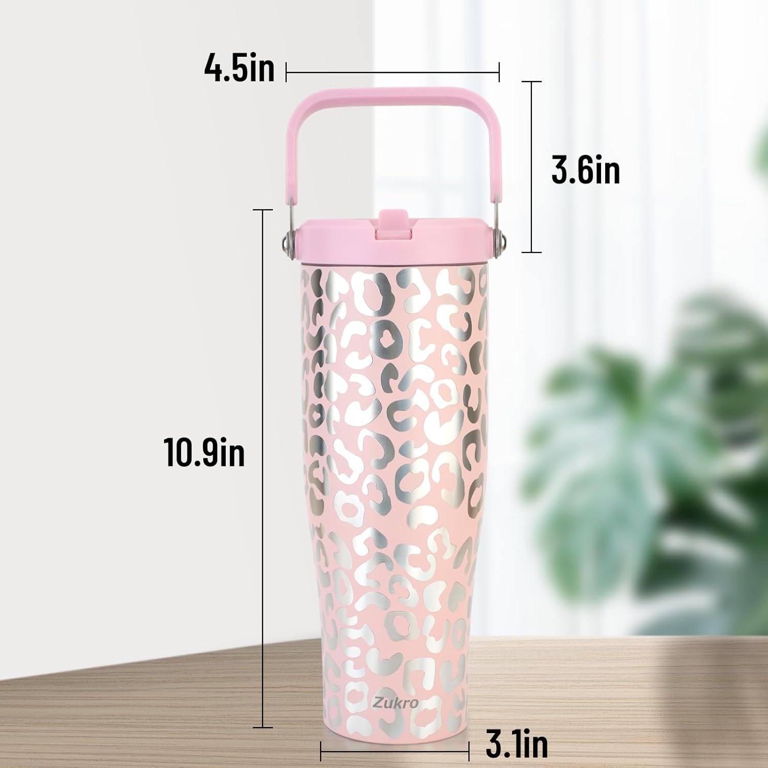 Zukro Vaso de 50 onzas con asa superior, botella de agua de acero inoxidable aislada a prueba de fugas con popote abatible para viajes, al aire