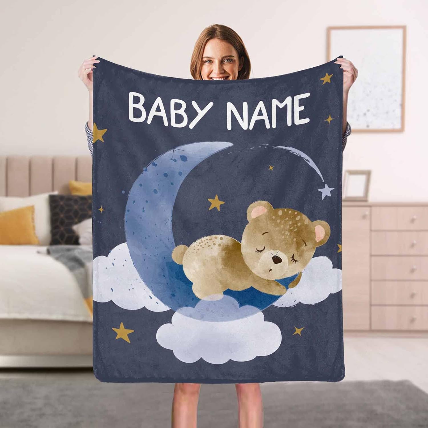 YESCUSTOM Manta de bebé personalizada con nombre para niñas y niños, manta de bebé personalizada con diseño de luna, pequeña estrella, oso para