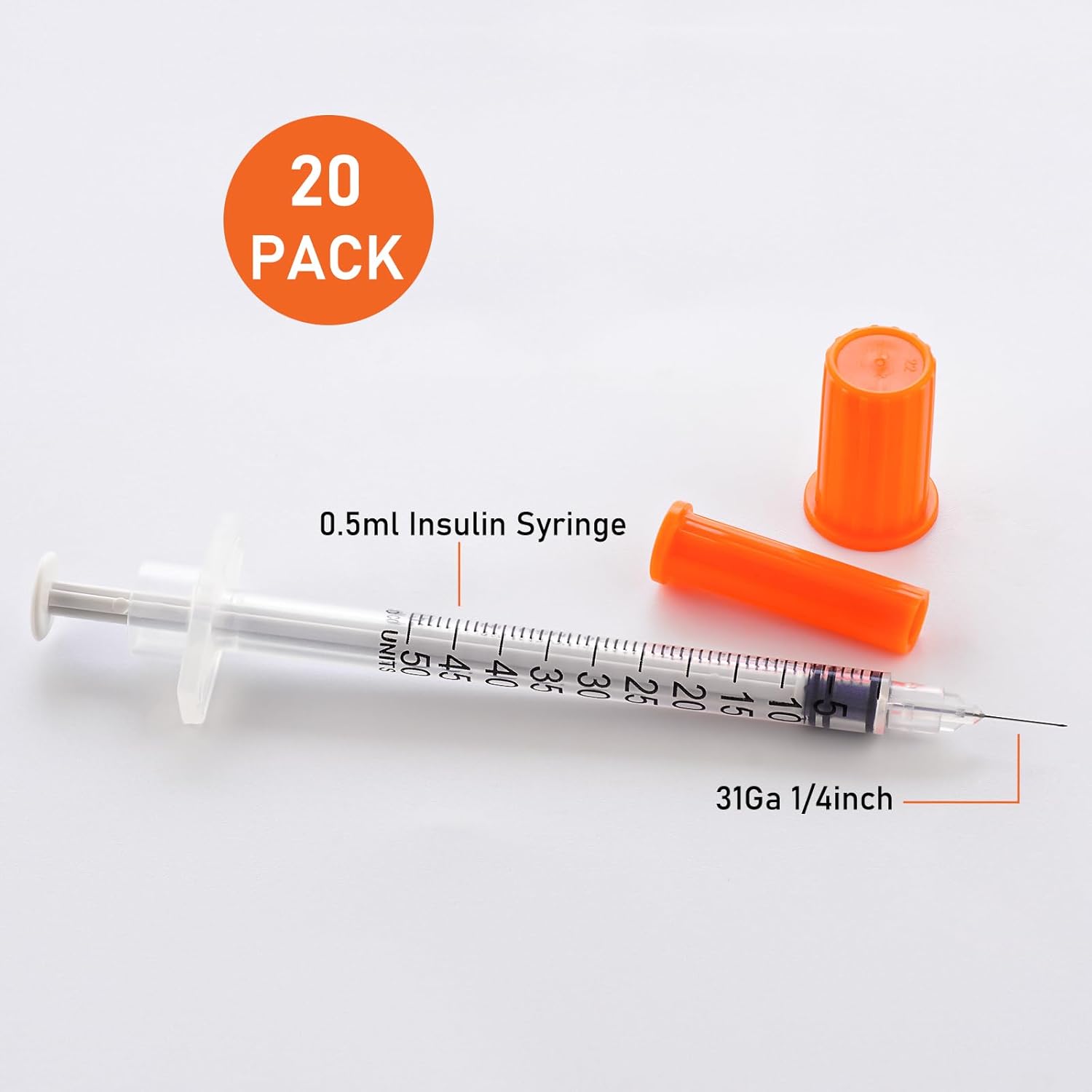 Jeringa 31G de 0.5cc 14 pulgada (0.236 in) con aguja, envuelta individualmente, paquete de 100