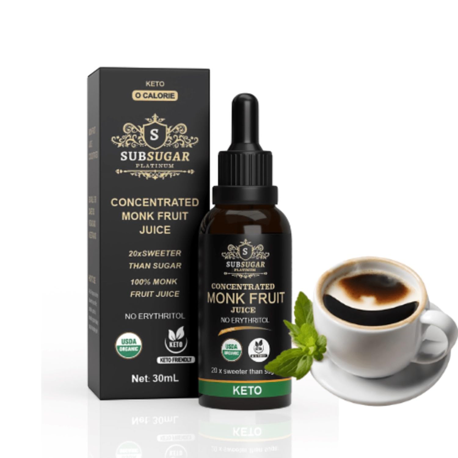 SubSugar Edulcorante líquido concentrado puro de Monkfruit Gotas sin eritritol Hecho con jugo de fruta de monje 100% (1.0 fl oz)