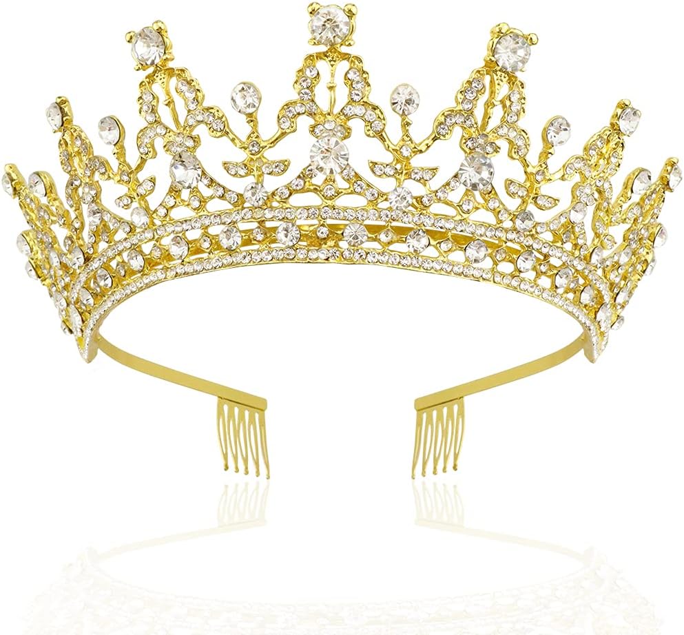 Tiaras doradas con peine para mujer, diadema de cumpleaños, corona de reina para mujer, tiara dorada con diamantes de imitación transparentes para