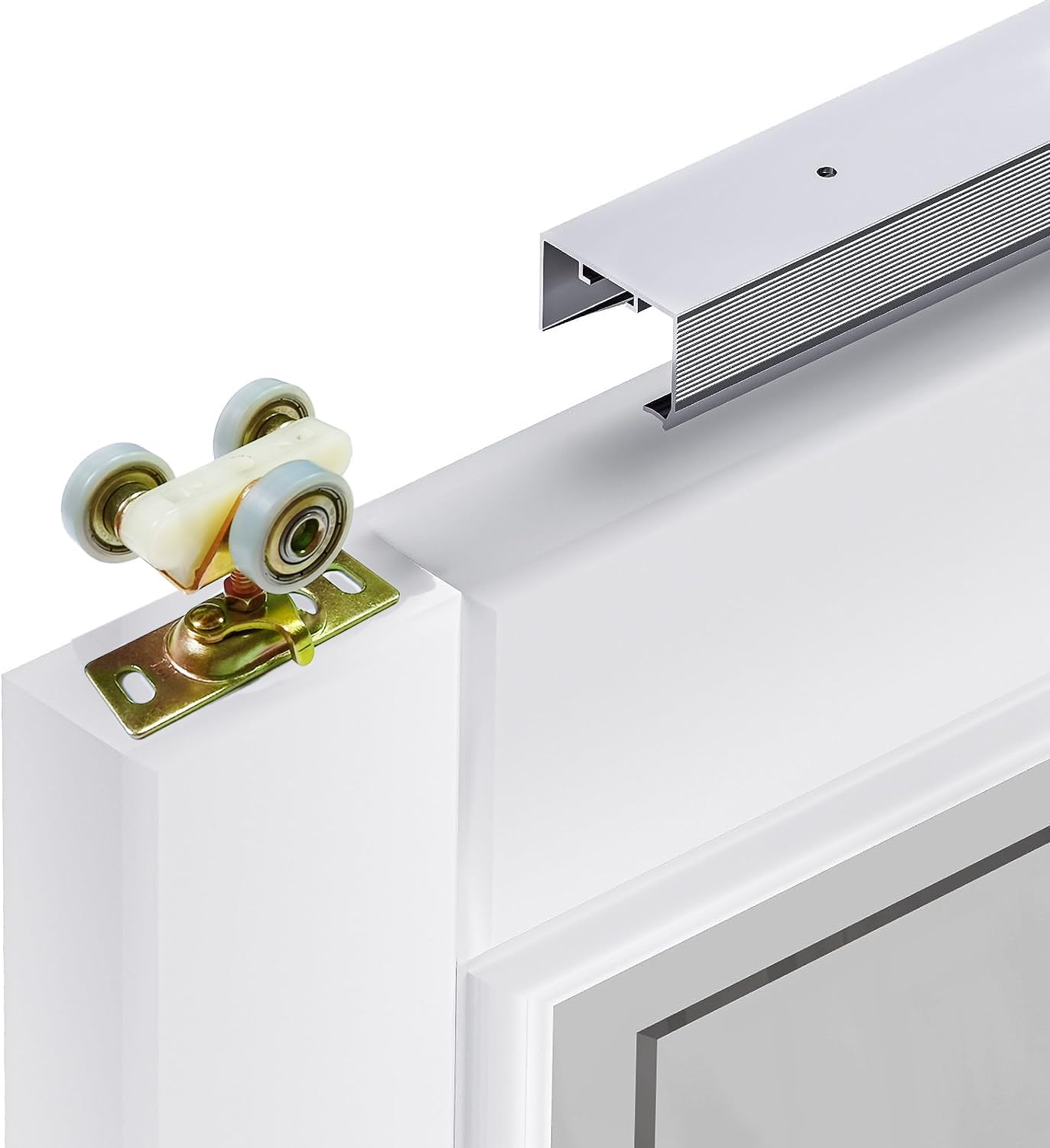 Paquete de 2 herrajes para puerta corrediza con bolsillo superior, rodillos, montaje para Johnson Part 1125 y 1500, incluye llave y tornillos
