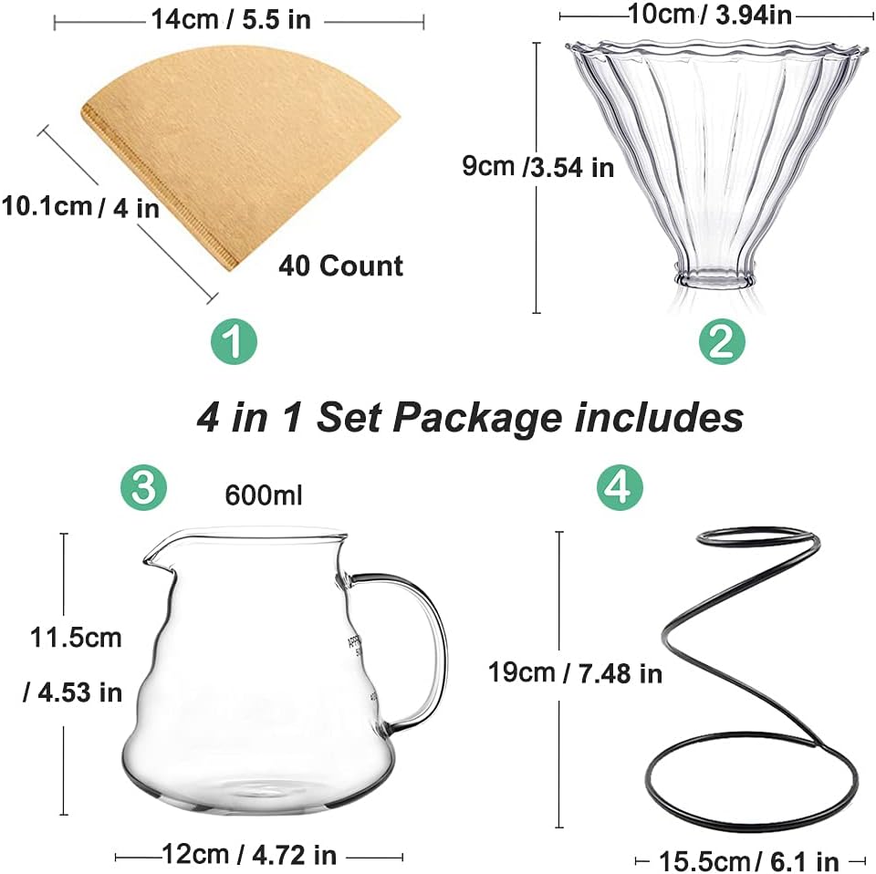 Juego de cafetera vertida  Incluye gotero de café de vidrio, soporte de gotero de metal, servidor de café resistente al calor de 20.3 fl oz y 40