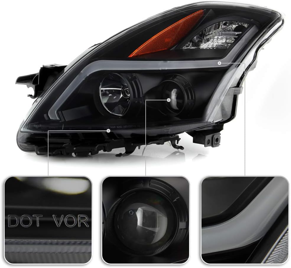 VIPMOTOZ Tubo de neón con tira LED DRL, proyector halógeno para faros delanteros para 2007-2009 compatible con Nissan Altima Sedán, carcasa negra