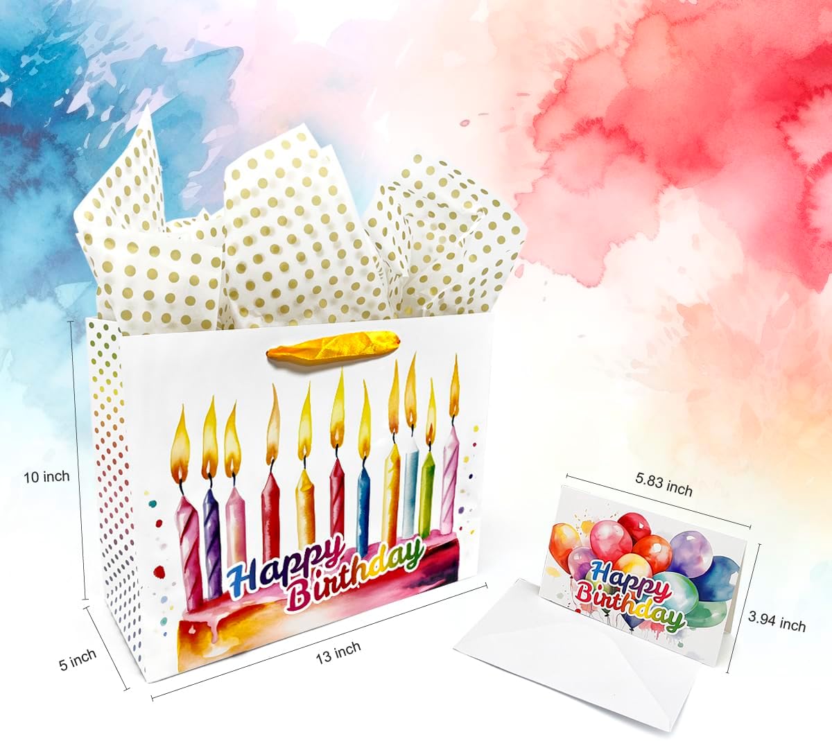 AlsterPlus+ Bolsa de regalo de cumpleaños grande de 13 pulgadas con papel de seda, bolsa de regalo de papel con asas, tarjeta de felicitación y