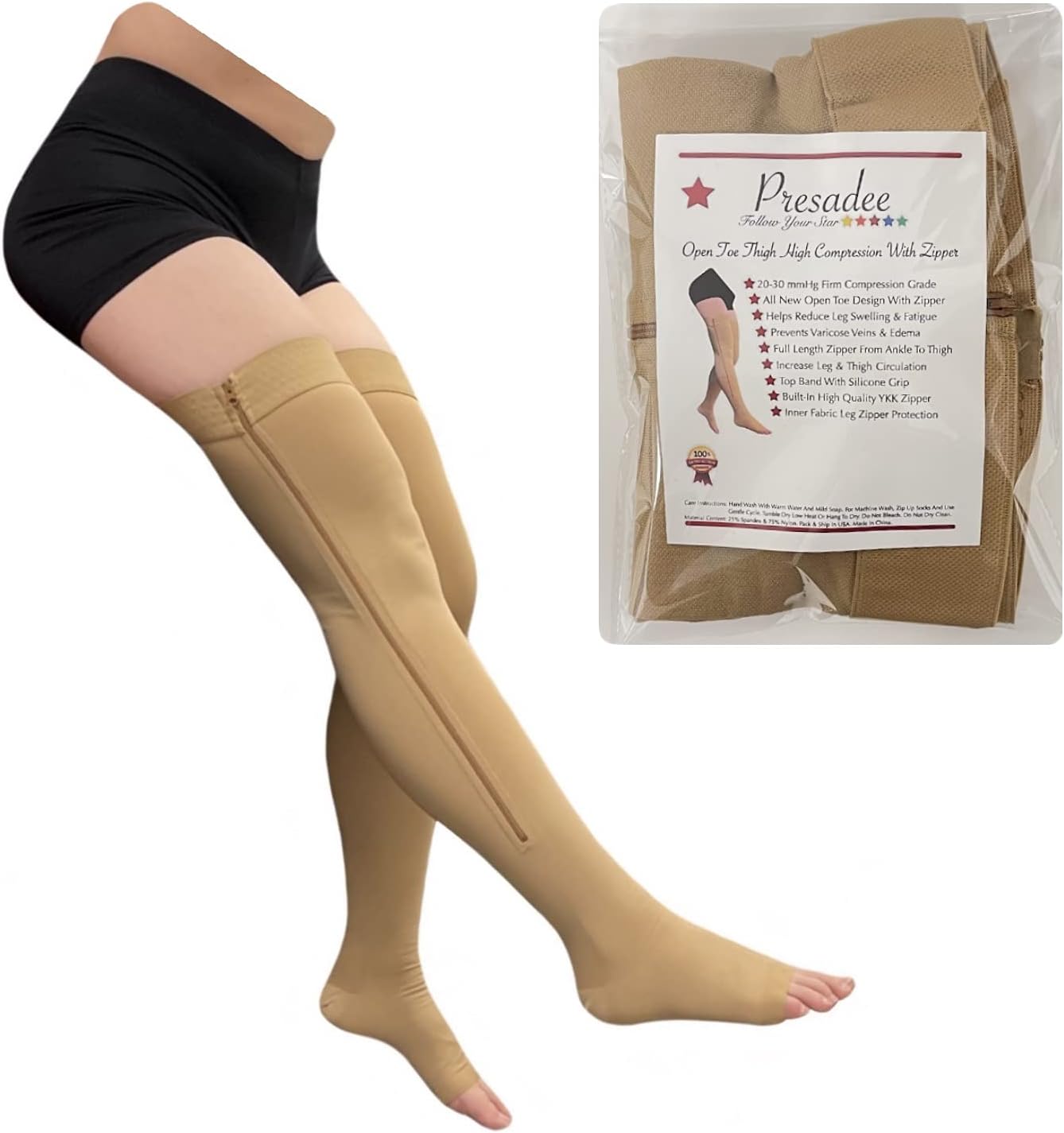 Punta abierta hasta el muslo 20-30 mmHg Pierna de compresión firme con cremallera YKK (beige, 0)