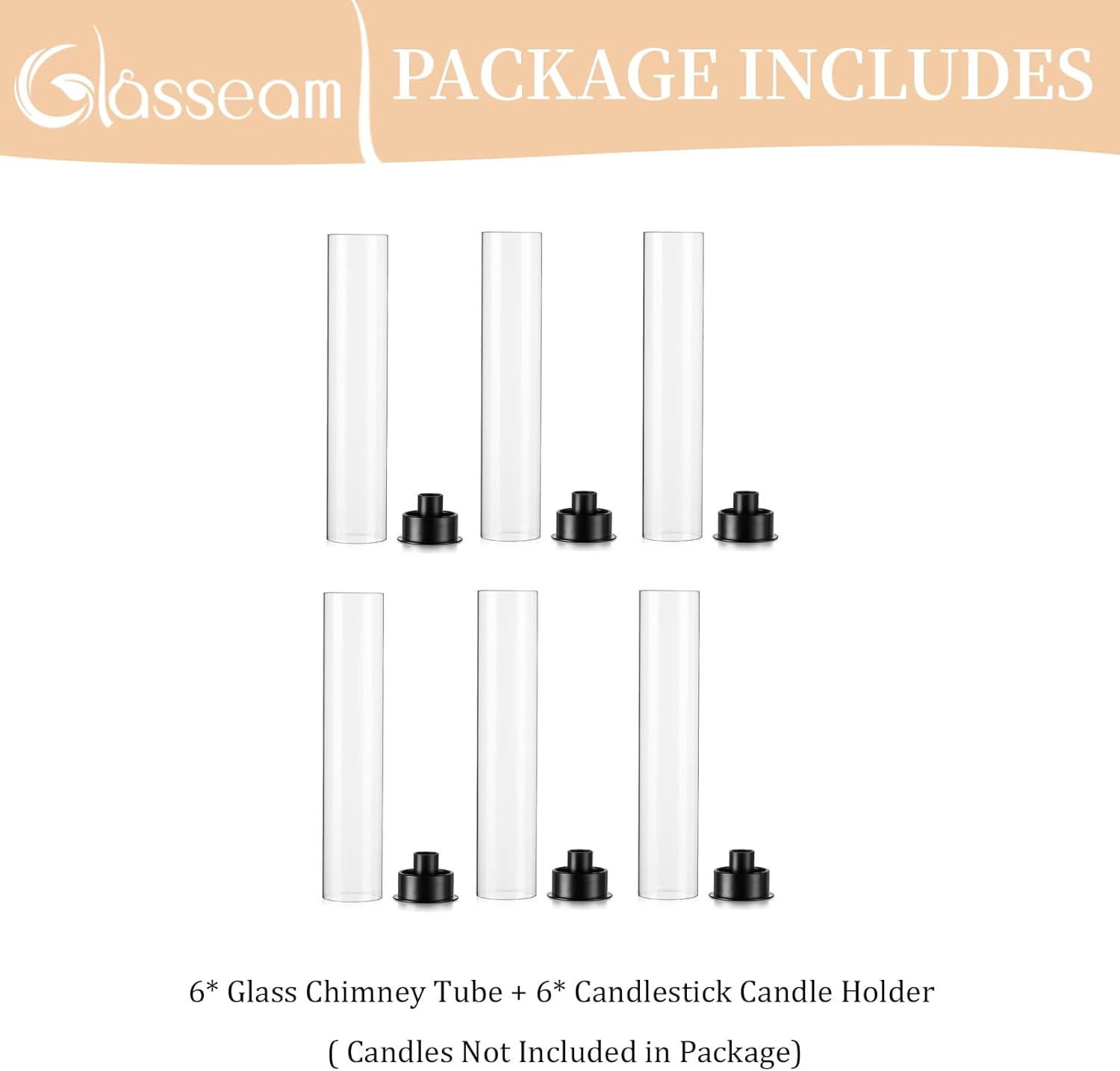 Glasseam Juego de 6 portavelas de cristal negro Hurricane, portavelas cilíndricos de cristal, modernos portavelas cónicos con pantalla de chimenea