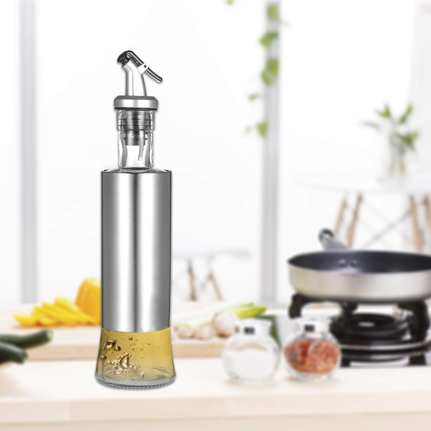 Dispensador de aceite de oliva y botella de acero inoxidable, rociador de vinagre y aceite con vertedor sin goteo boquilla para cocina, 10 onzas