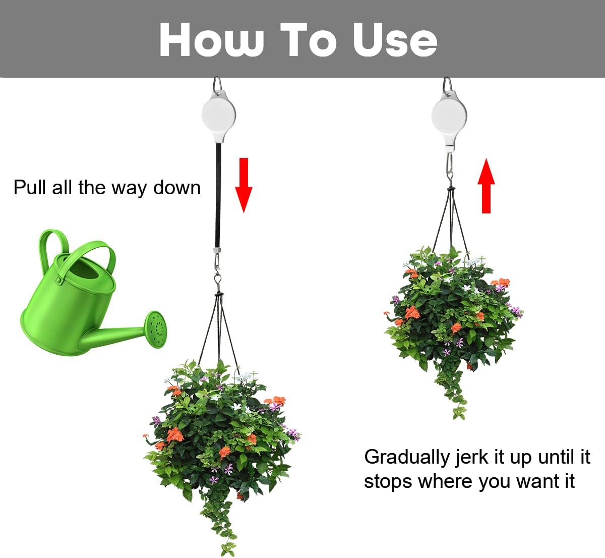 Paquete de 2 poleas retráctiles ajustables para colgar plantas colgantes, resistentes, para interiores y exteriores, para cestas de jardín, macetas