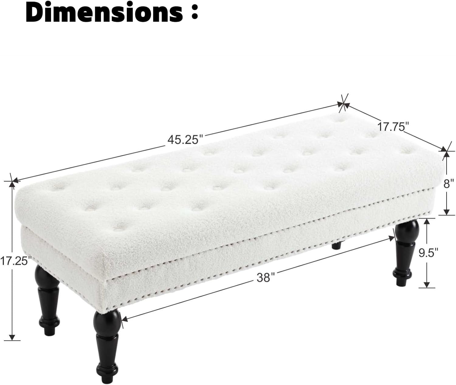 LukeAlon Banco de comedor vintage de sherpa, banco de comedor tapizado con cabeza de clavos, banco auxiliar rectangular con patas de madera maciza,