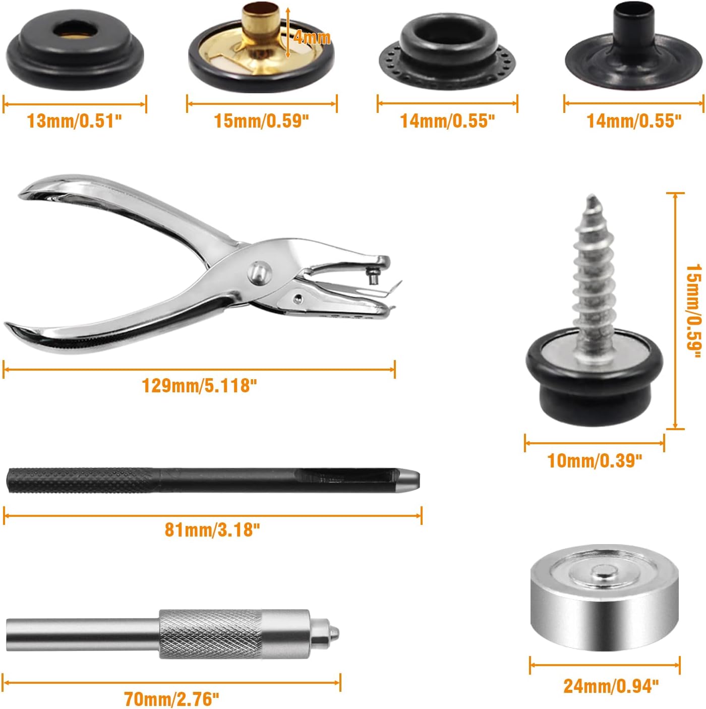 Kit de 274 piezas de tornillos de metal a presión de acero inoxidable de grado marino, botones a presión con punzón de agujero y herramientas de