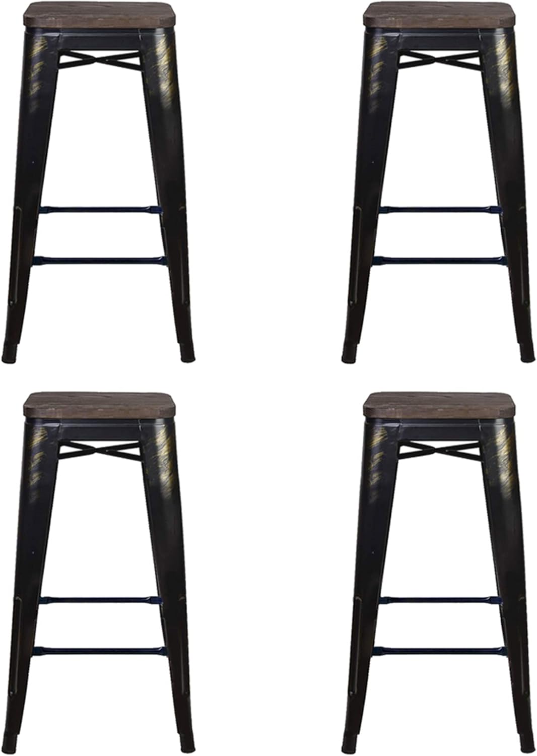 Taburete de metal negro antiguo de 24 pulgadas con asiento de madera (juego de 2) color dorado al azar, capacidad de peso de más de 300 libras,