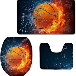 FOR U DESIGNS Juego de 3 alfombras de baño con estampado de baloncesto de fuego, alfombra absorbente con pedestal + cubierta de tapa de inodoro + FOR U DESIGNS Juego de 3 alfombras de baño con estampado de baloncesto de fuego, alfombra absorbente con pedestal + cubierta de tapa de inodoro +