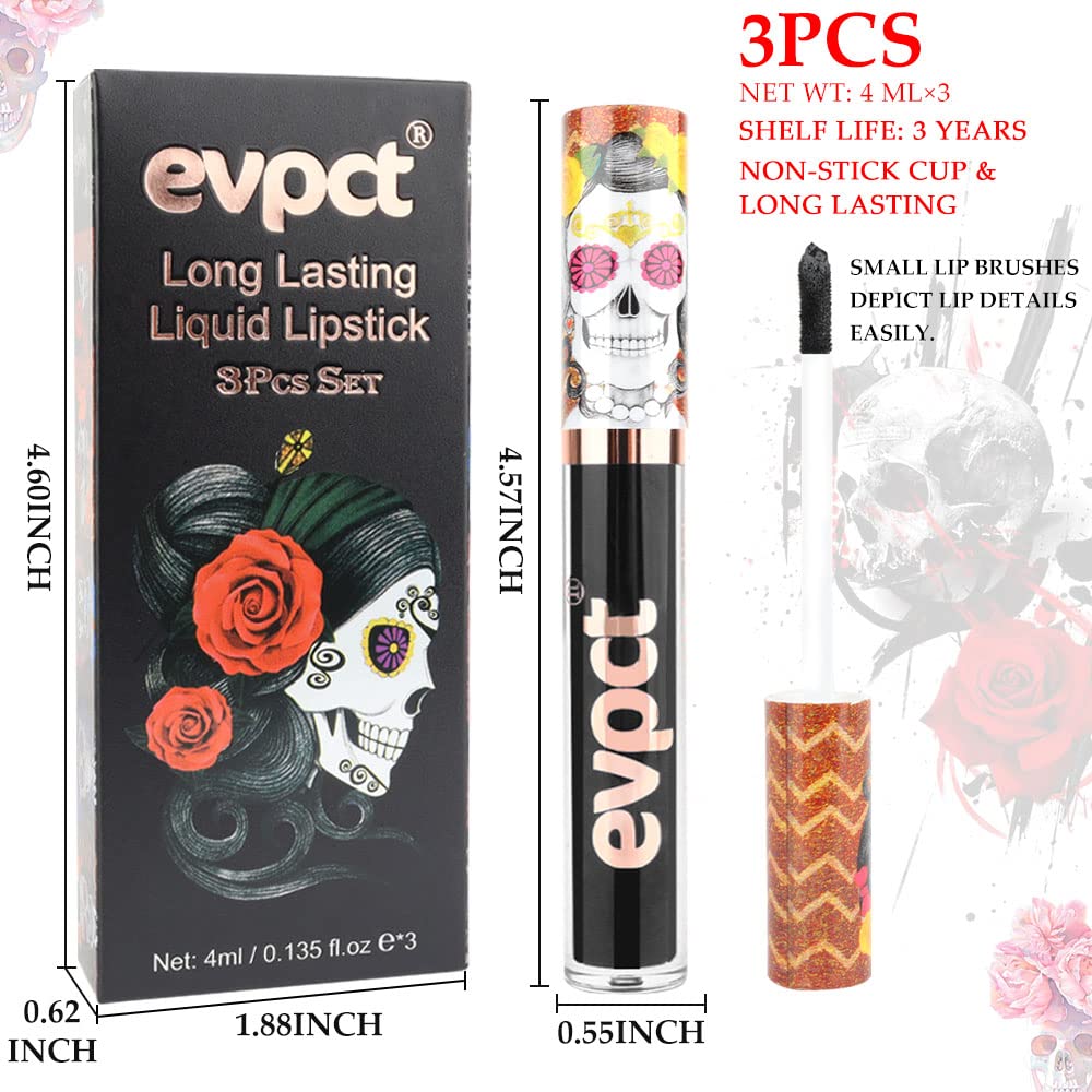 evpct 3 lápices labiales líquidos mate azul oscuro, negro, morado, mate, brillo de labios, juegos de maquillaje a prueba de manchas, cara de cráneo,