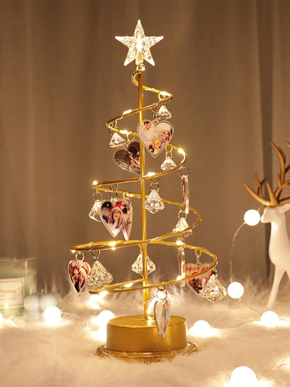 Foto personalizada con luces de árbol de cristal de Navidad, foto familiar personalizada, lámpara de Navidad de metal, decoración de regalos para