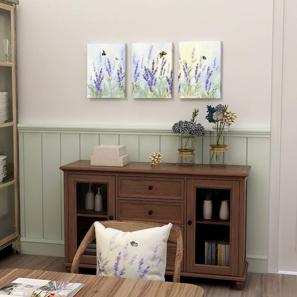 Slody Arte de pared morado con estampado de flores modernas de lavanda, cuadro floral de mariposa, paisaje de primavera, arte botánico enmarcado