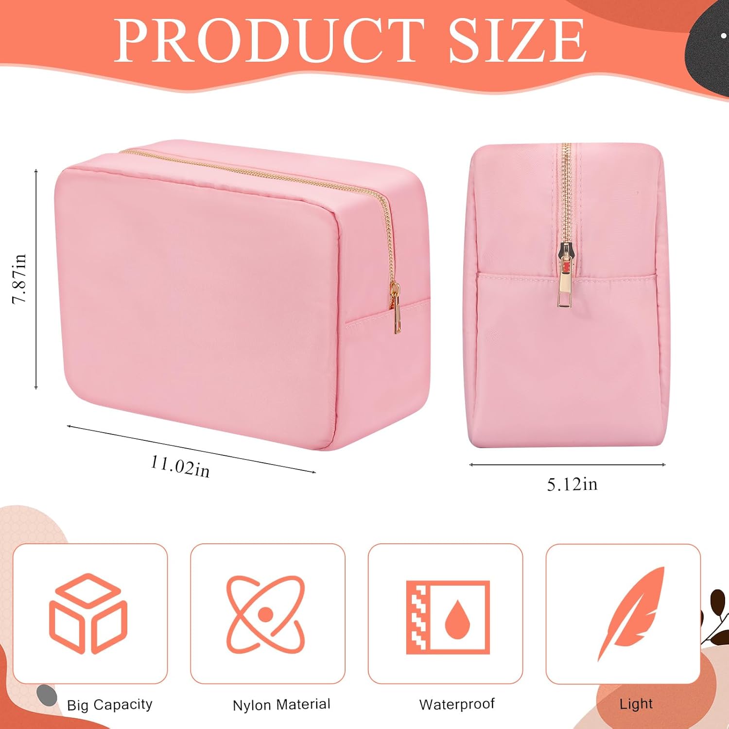 6 bolsas de cosméticos extra grandes de nailon con cremallera para lápices, artículos de tocador, bolsa de viaje, bolsa de viaje para mujer, Rosado