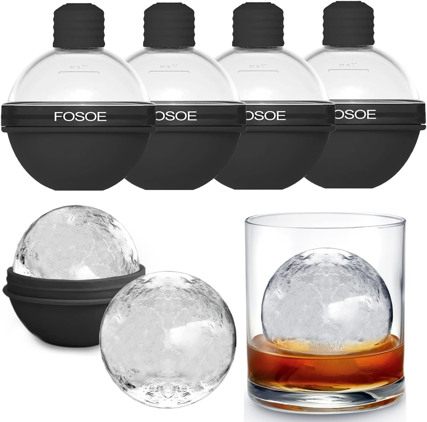 Moldes de silicona para bolas de hielo para whisky, juego de 4 fabricantes redondos con tapas para cócteles, bourbon y bebidas