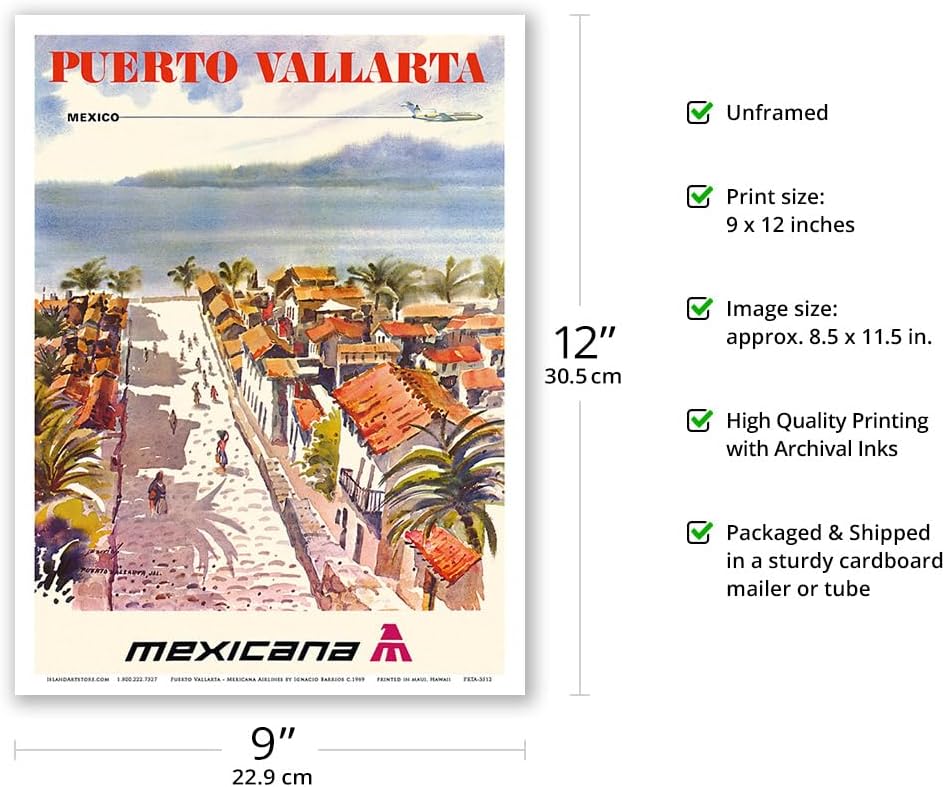 Puerto Vallarta Mexico – Mexicana Airlines (CMA-Compañía Mexicana de Aviación) – Póster vintage de viaje de aerolínea por Ignacio Barrios c.1969 –