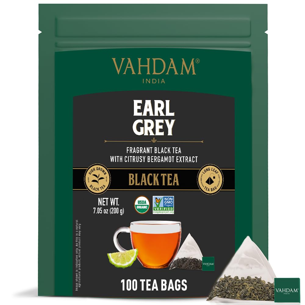 VAHDAM – Bolsas de té negro Earl Grey (100 unidades) con alto contenido de cafeína, sin OMG, sin gluten, hojas de té sueltas enteras con aceite de