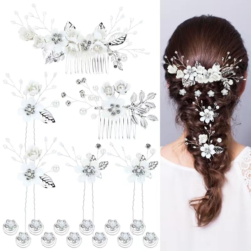 Cinaci 18 piezas de peines laterales de flores blancas con diamantes de imitación y perlas para novias, damas de honor, mujeres y niñas