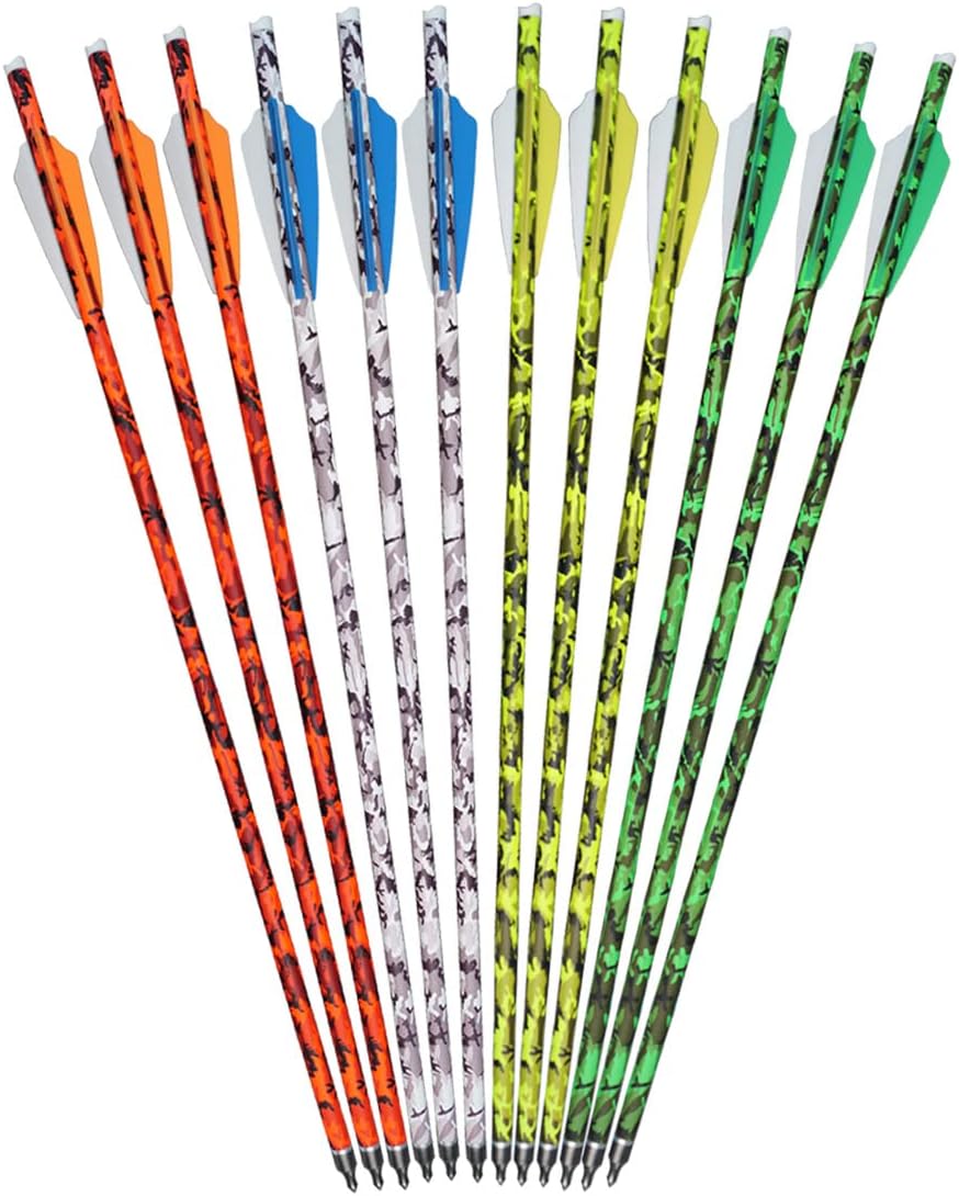 Coloridos pernos de ballesta de camuflaje, flechas de carbono de 18 pulgadas con paletas de 3 pulgadas, punto de campo desmontable y nock, 12