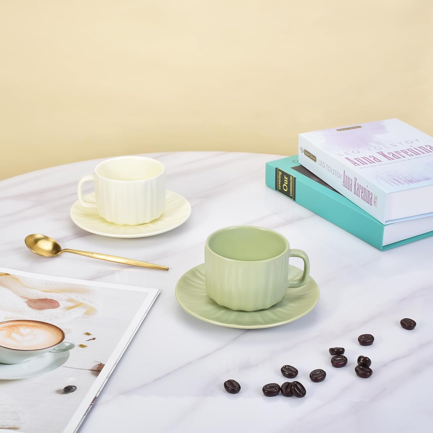 Denovin Juego de taza de café y platillo de cerámica, taza de café de capuchino Demitasse con rayas de melón amargo, 8 onzas, perfecta para té con