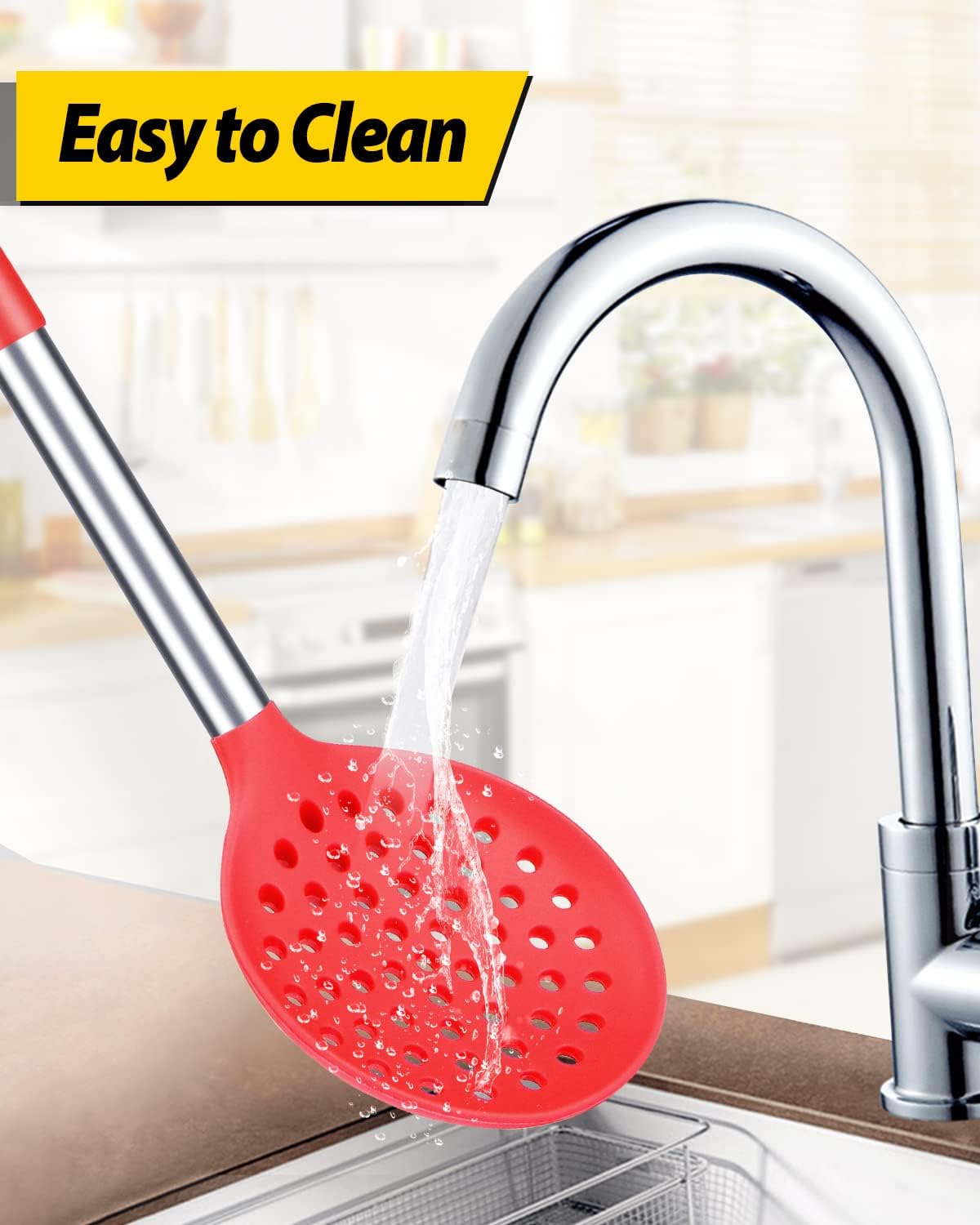 Kitchen Ladle Strainer Set of 2 Large Slotted Spoon with High Heat Resistant BPA Free Non Stick Cooking Skimmers For Draining & Frying (Black and
