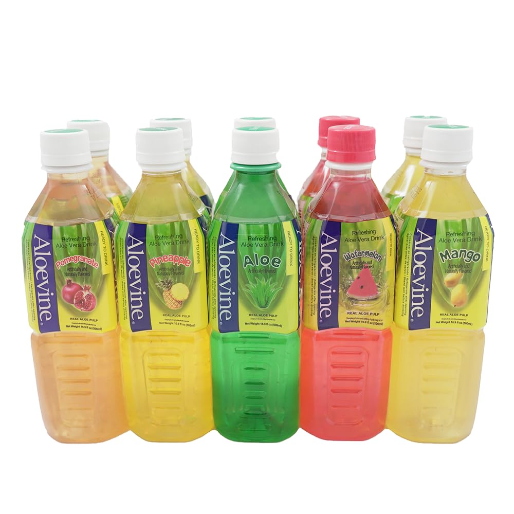 Aloevine Jugo de bebida de aloe vera l variedad  16.9 oz. paquete de 10 l 2 originales, 2 sandías, 2 mangos, 2 granadas, 2 piñas  bebidas vegetales