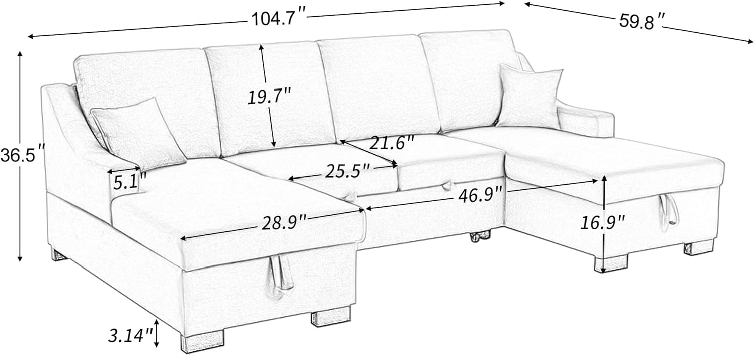 LIADTOP 2 cojines y espacios de almacenamiento dobles, cama extraíble, sofá seccional tapizado para sala de estar, apartamento, hogar y oficina,