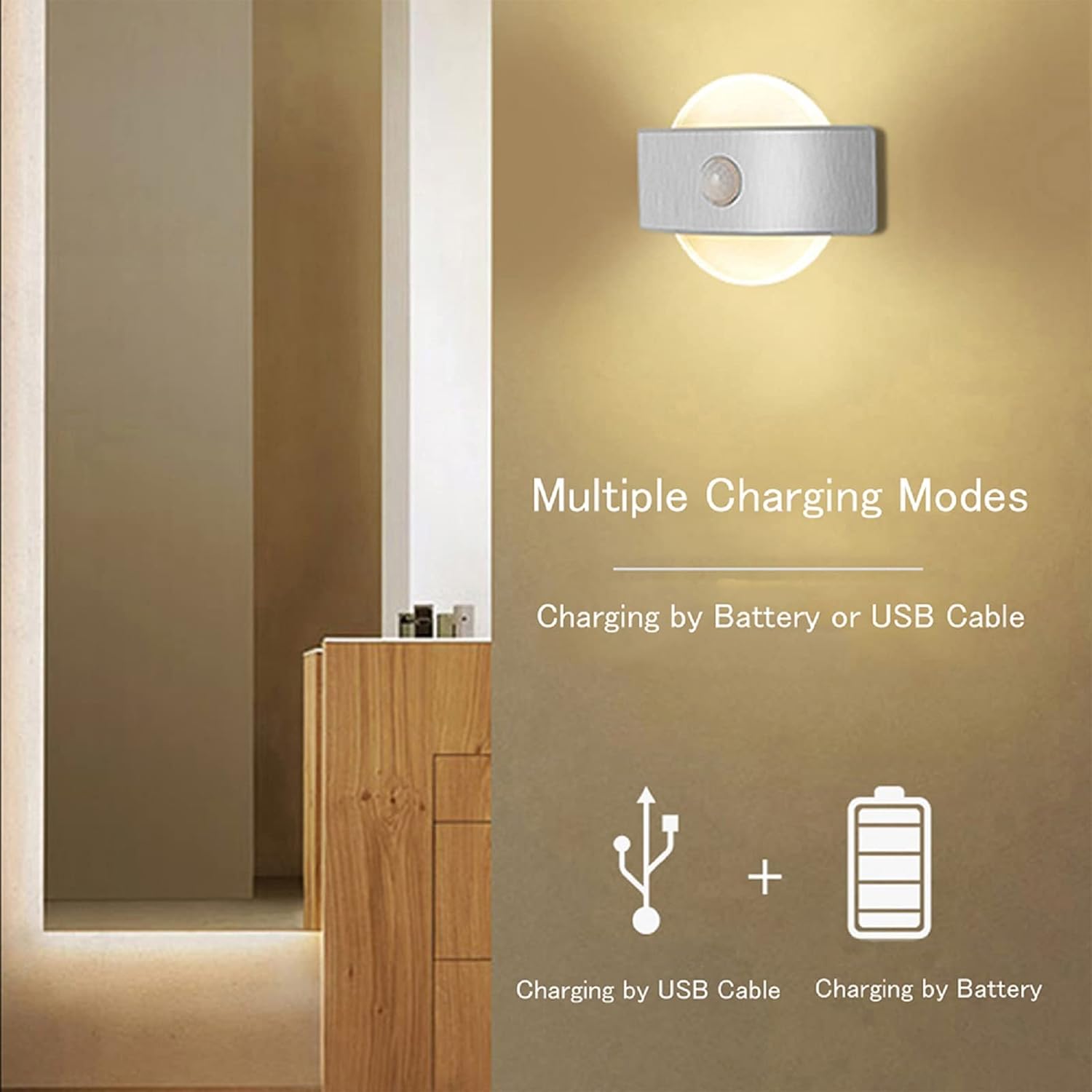 Luz nocturna con sensor de movimiento, recargable por USB, funciona con pilas, luz nocturna para interiores, se pega en cualquier lugar sin