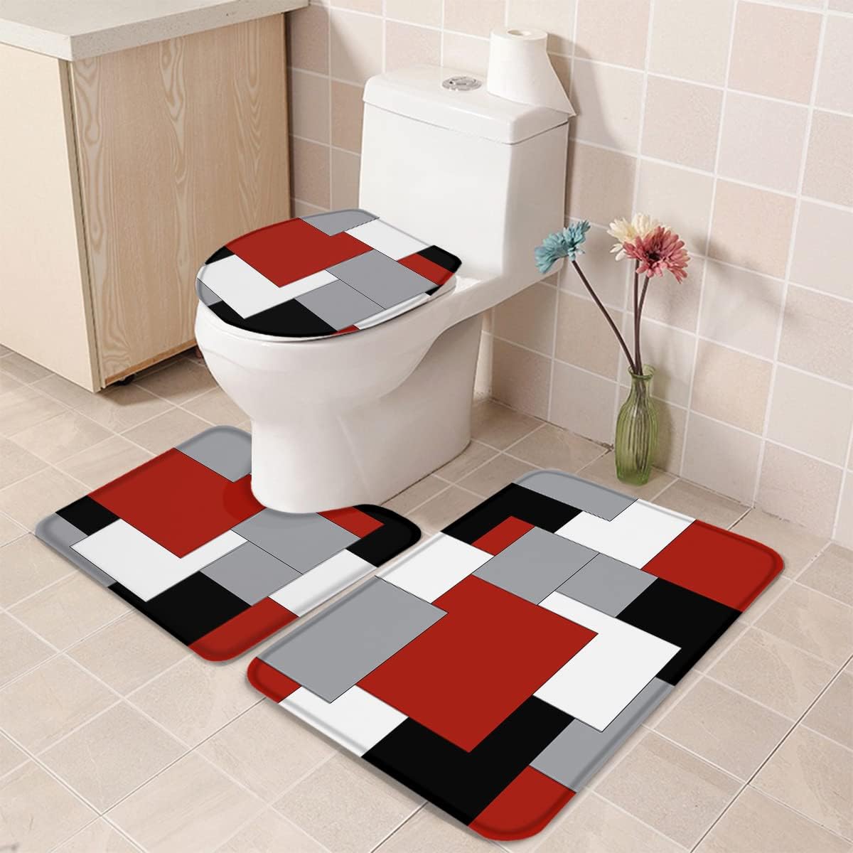 Queenker Juego de 3 alfombras de baño geométricas rojas, funda de asiento de inodorotapete de piso de bañoalfombra de contorno para baño, negro,