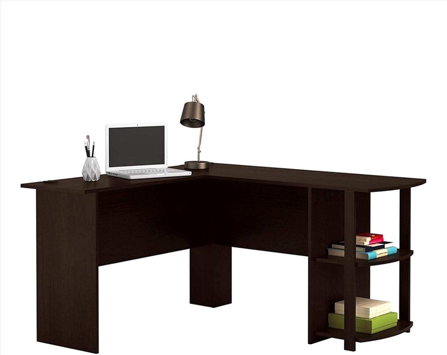 JASOYA Escritorio para computadora de madera en forma de L en ángulo recto con estantes de dos capas, color marrón oscuro para dormitorio, sala de