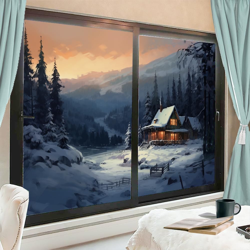 Snow Mountain Chalet – Película para ventana, estilo vintage, bosque brillante, granja, película de privacidad para ventana, cubierta de puerta,