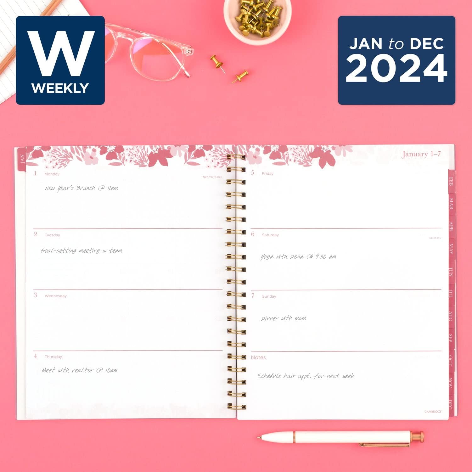 Cambridge Agenda semanal y mensual 2024, 8-12 x 11 pulgadas, grande, gruesa (1681-905-24)